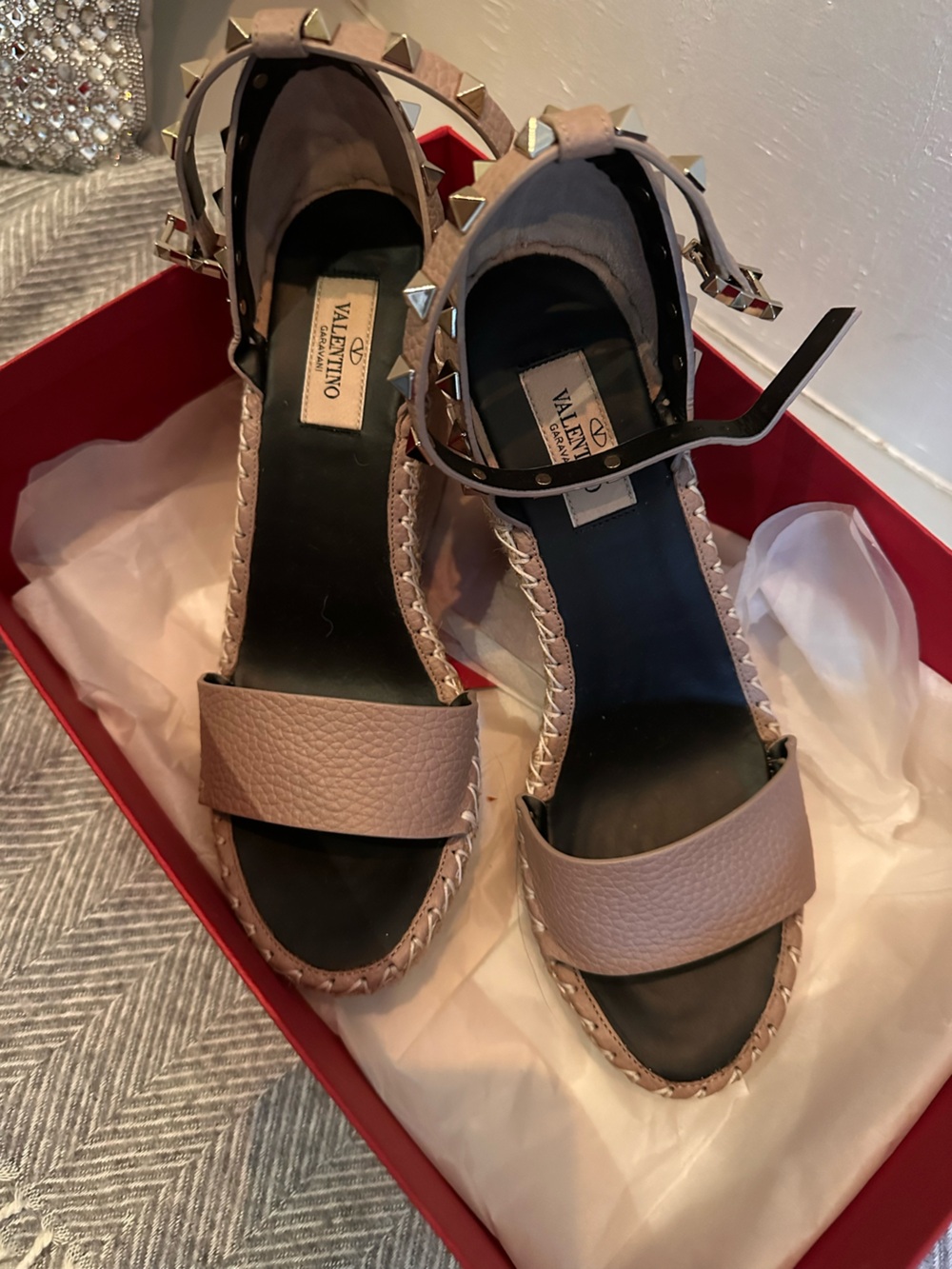 Valentino Garavani Taupe Studded Ankle-Strap Sandals